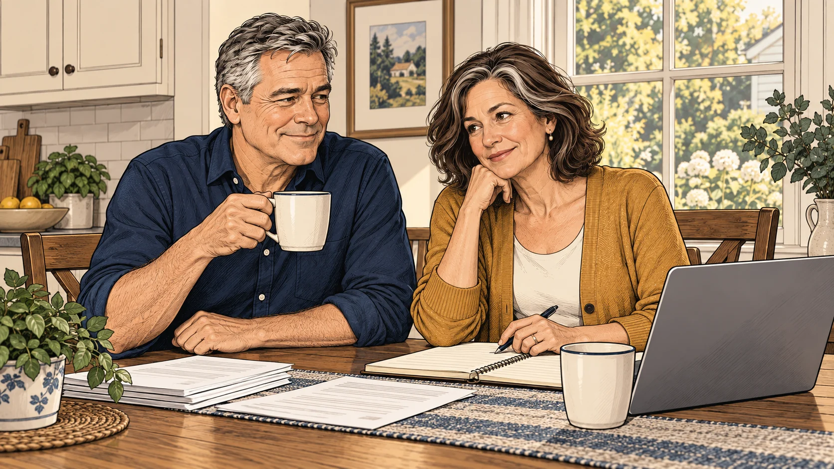 Illustrated Mark and Elena talking over papers at their kitchen table.